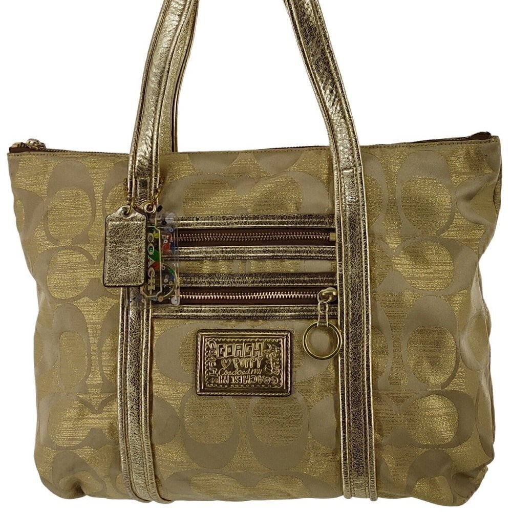 COACH 13826  Poppy  Gold Signature Monogram Logo Jacquard Glam Tote Carry-All